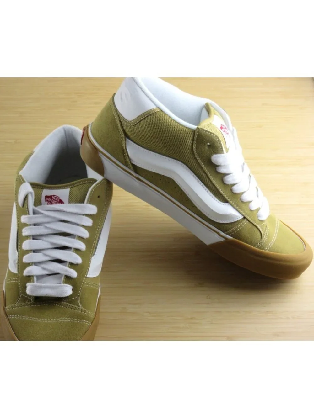 Vans Men's Knu Skool Mid Khaki Gum Bottom White Striped Skate Shoes size 11.5